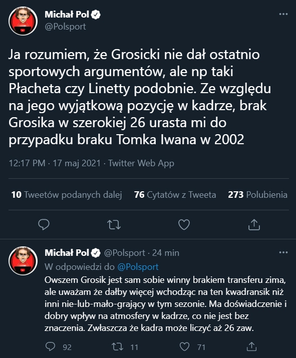 TWEET Michała Pola nt. braku powołania dla Grosickiego!